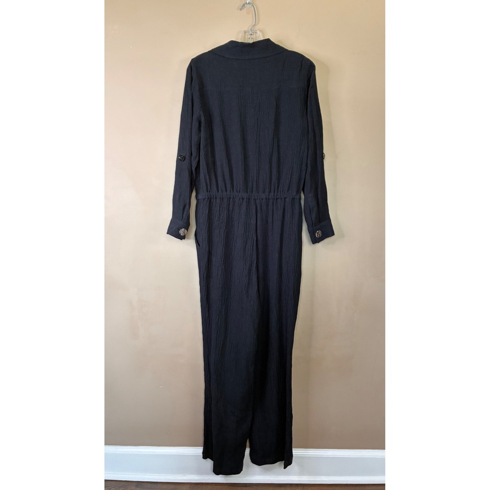 Soft Surroundings Black Crinkle Textured Asymmetrical Button Jumpsuit PM Petite - Picture 2 of 13